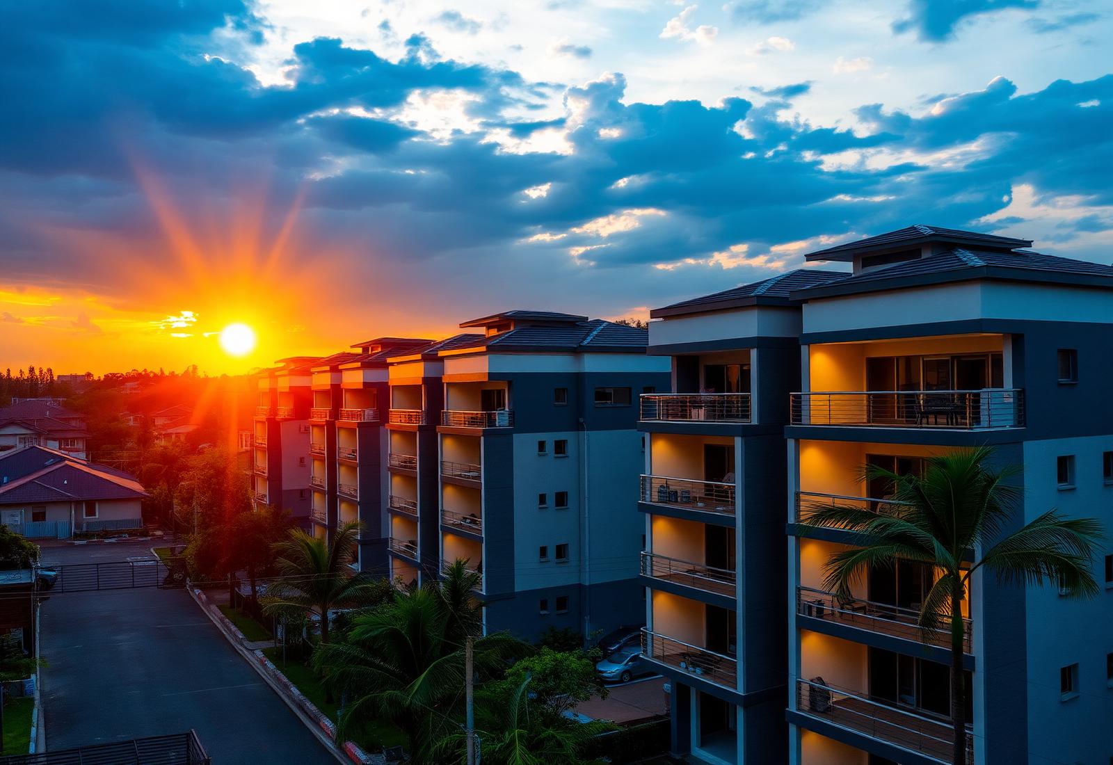 Modern apartments at sunset